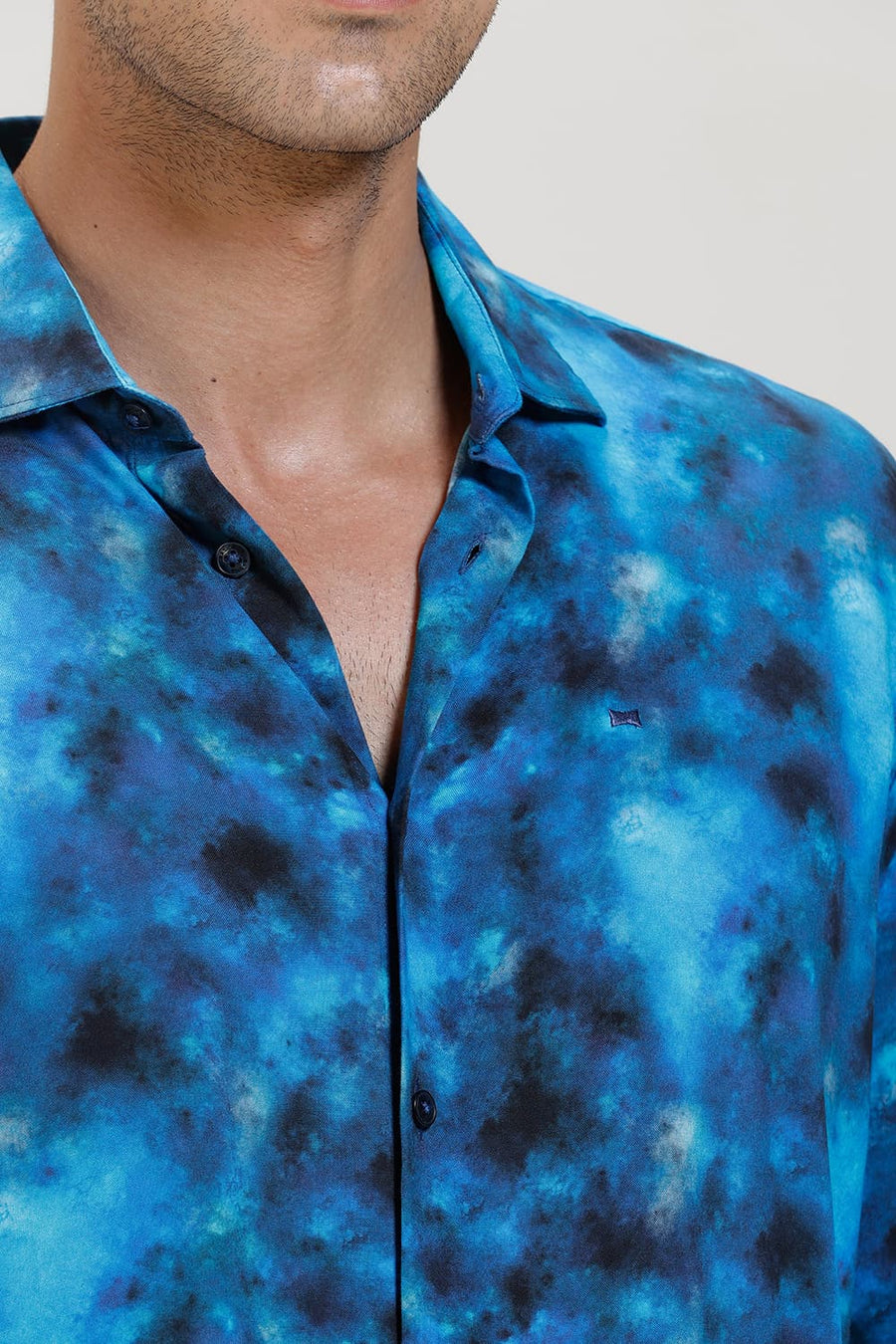 BASICS SLIM FIT MIDBLUE JEWEL VISCOSE DIGITAL PRINTED SHIRT