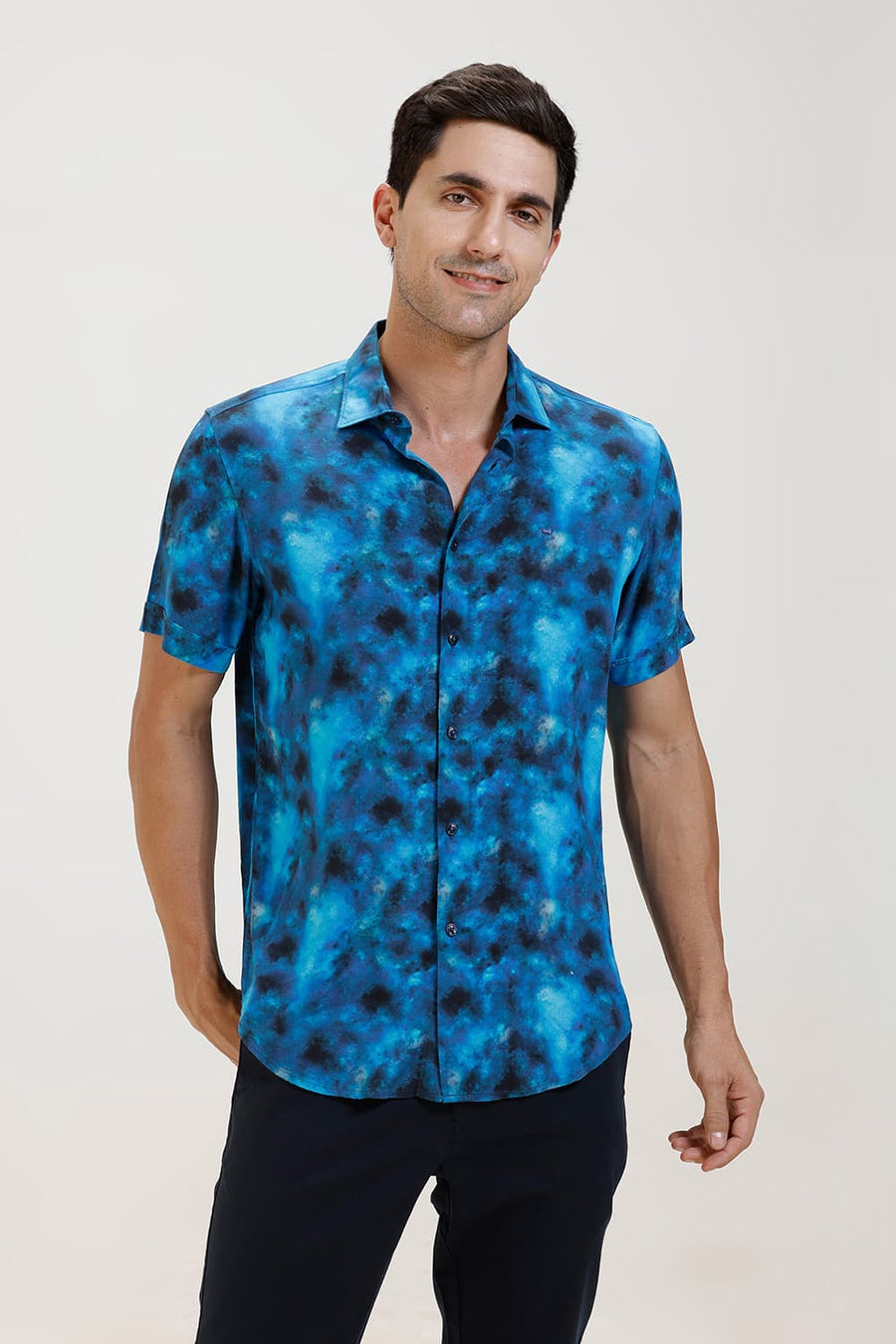 BASICS SLIM FIT MIDBLUE JEWEL VISCOSE DIGITAL PRINTED HALFSLEEVES SHIRT