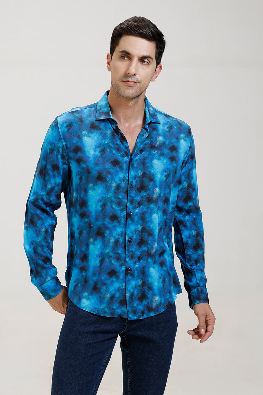 BASICS SLIM FIT MIDBLUE JEWEL VISCOSE DIGITAL PRINTED SHIRT