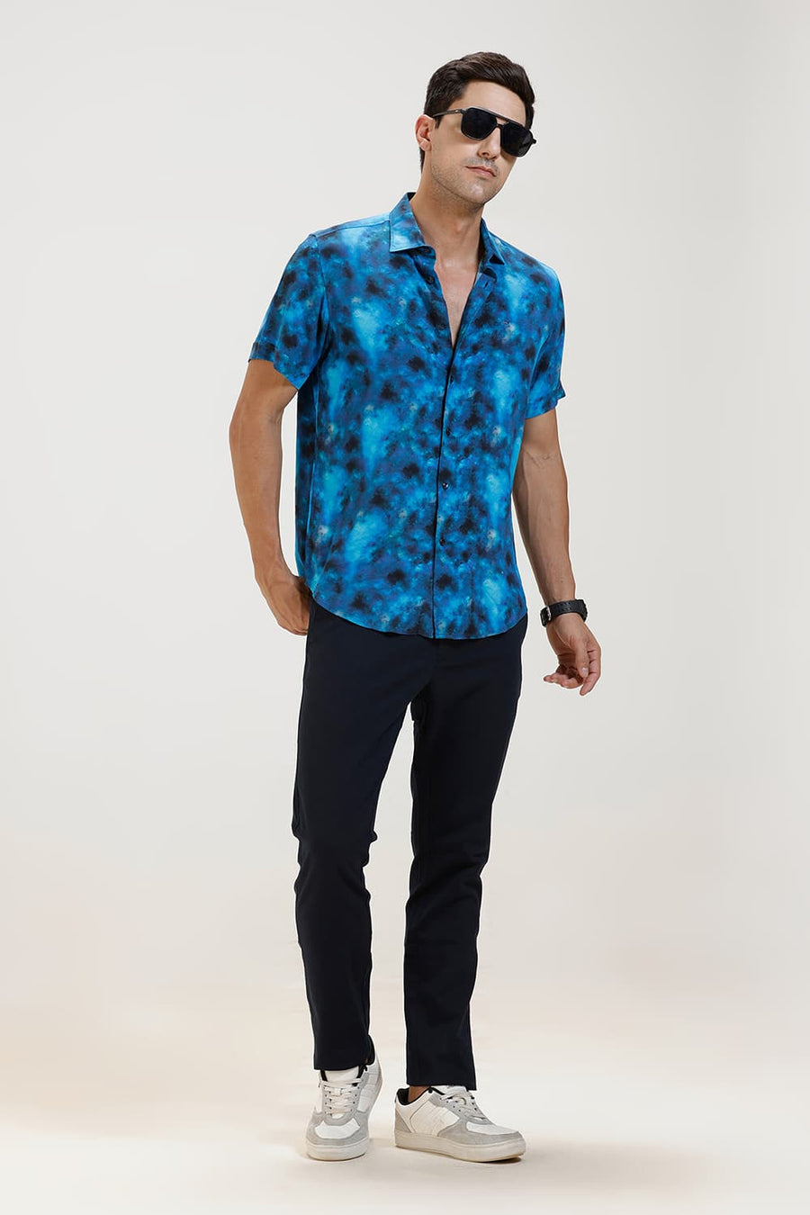 BASICS SLIM FIT MIDBLUE JEWEL VISCOSE DIGITAL PRINTED HALFSLEEVES SHIRT