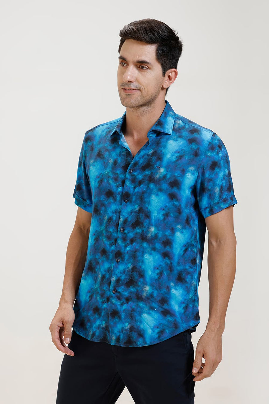 BASICS SLIM FIT MIDBLUE JEWEL VISCOSE DIGITAL PRINTED HALFSLEEVES SHIRT