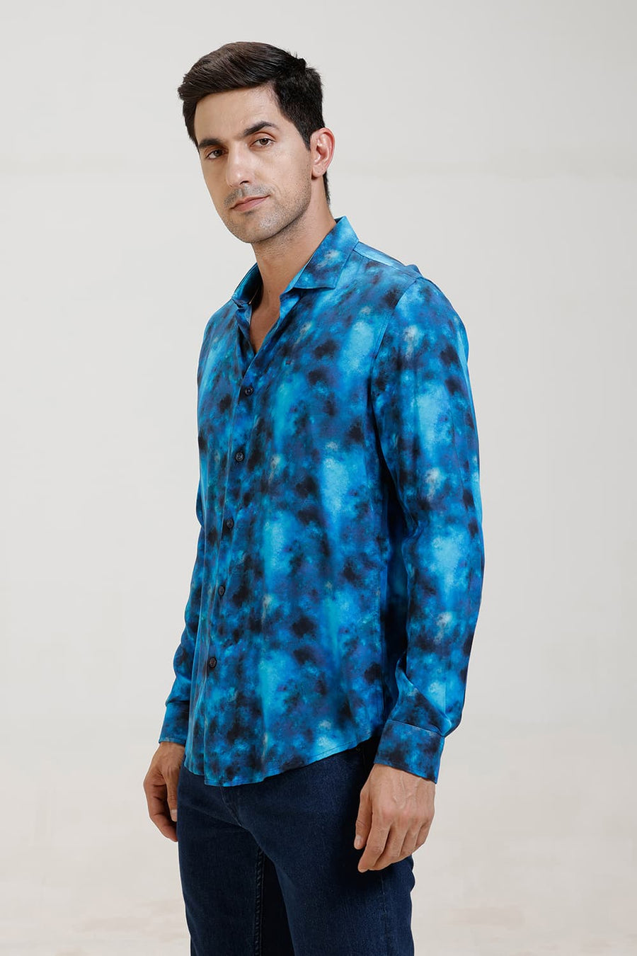 BASICS SLIM FIT MIDBLUE JEWEL VISCOSE DIGITAL PRINTED SHIRT