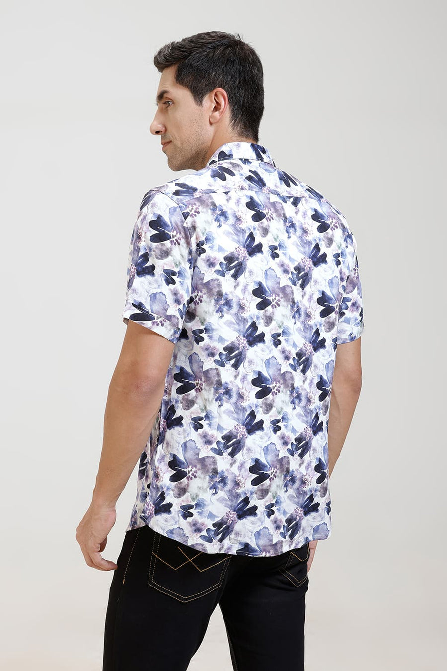 BASICS SLIM FIT PLUM PURPLE VISCOSE DIGITAL PRINTED HALFSLEEVES SHIRT