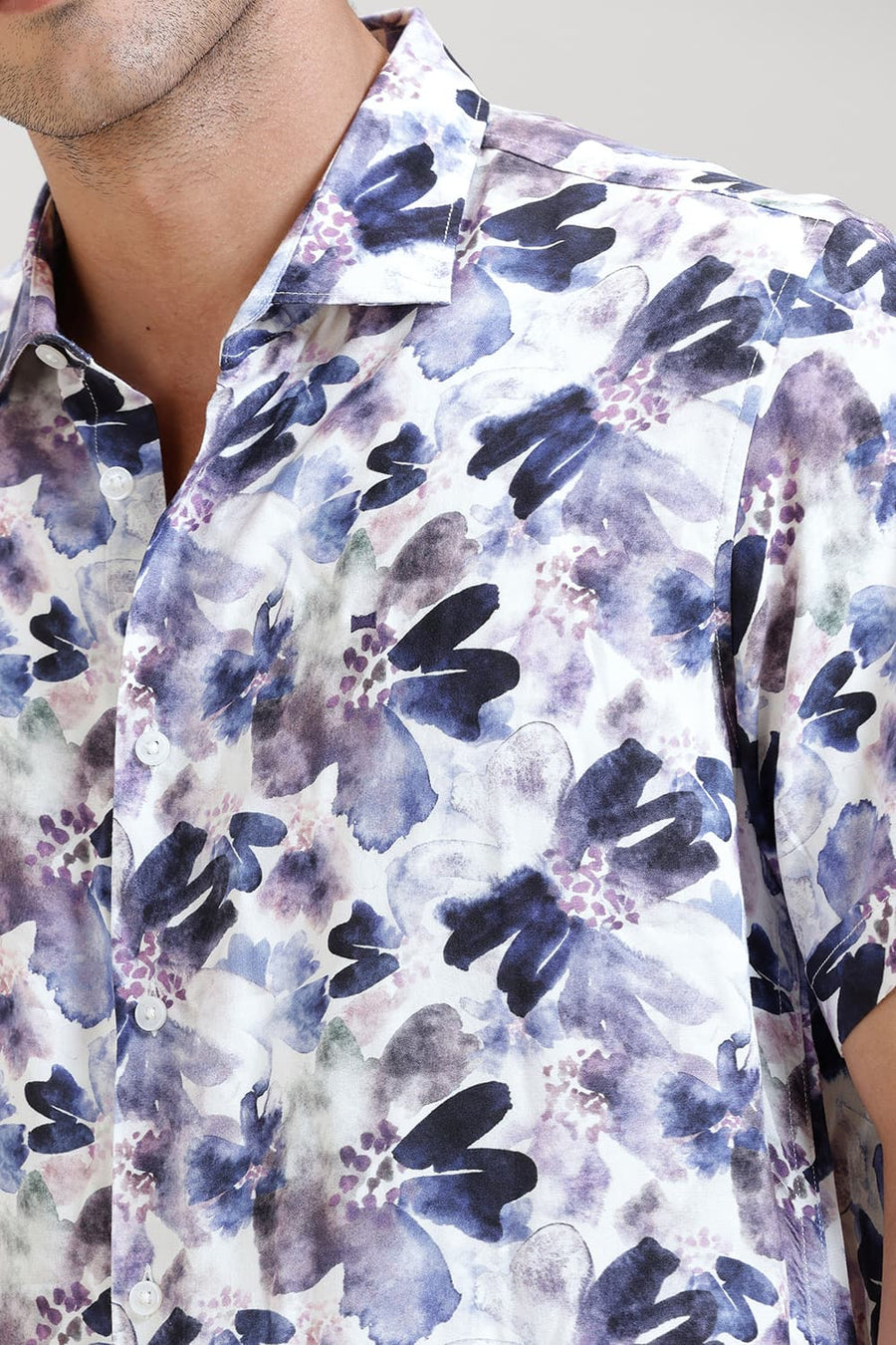 BASICS SLIM FIT PLUM PURPLE VISCOSE DIGITAL PRINTED HALFSLEEVES SHIRT