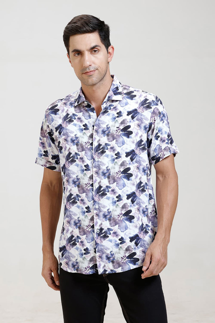 BASICS SLIM FIT PLUM PURPLE VISCOSE DIGITAL PRINTED HALFSLEEVES SHIRT