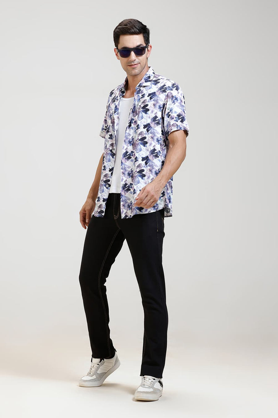 BASICS SLIM FIT PLUM PURPLE VISCOSE DIGITAL PRINTED HALFSLEEVES SHIRT