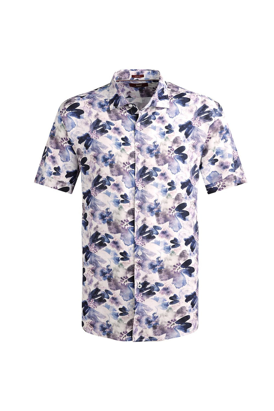 BASICS SLIM FIT PLUM PURPLE VISCOSE DIGITAL PRINTED HALFSLEEVES SHIRT