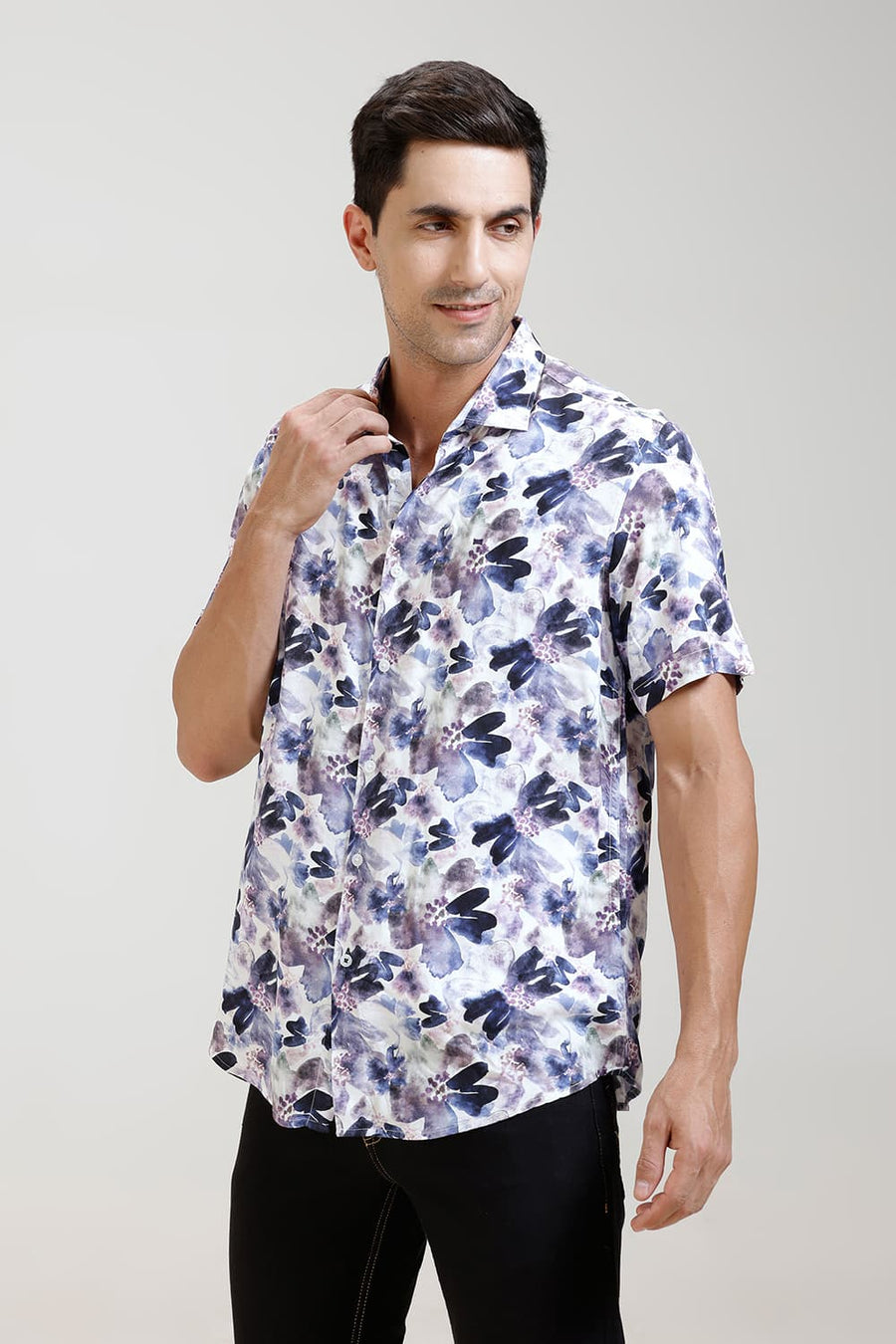 BASICS SLIM FIT PLUM PURPLE VISCOSE DIGITAL PRINTED HALFSLEEVES SHIRT