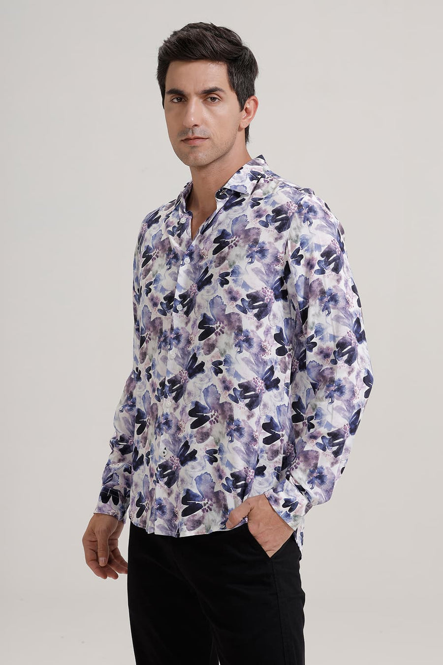BASICS SLIM FIT PLUM PURPLE VISCOSE DIGITAL PRINTED SHIRT