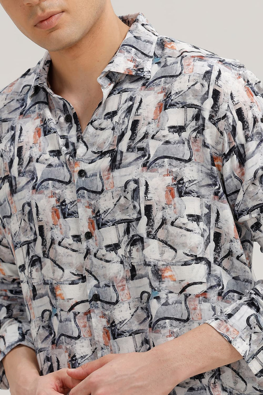 BASICS SLIM FIT GREY MIST VISCOSE DIGITAL PRINTED SHIRT