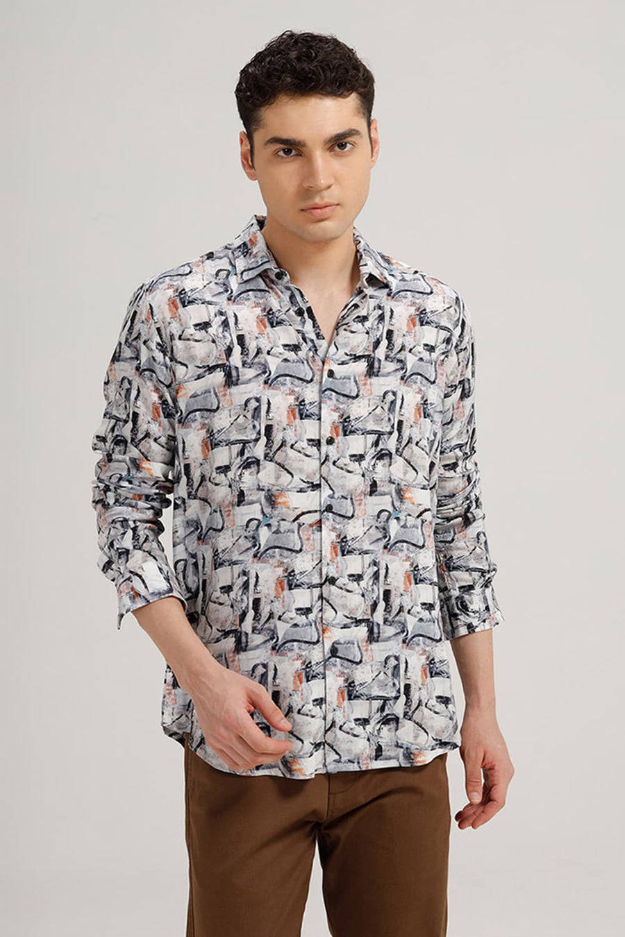 BASICS SLIM FIT GREY MIST VISCOSE DIGITAL PRINTED HALFSLEEVES SHIRT