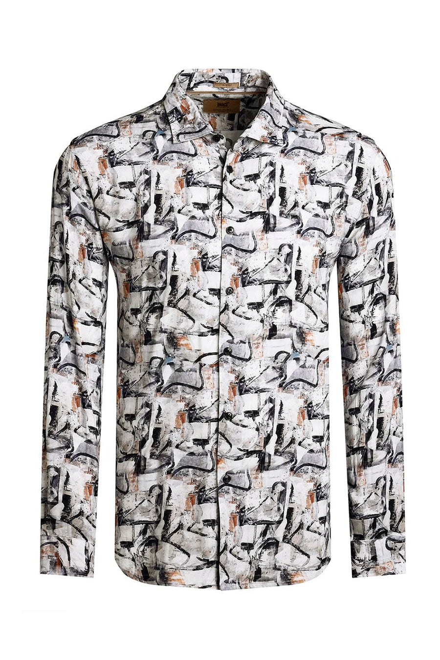 BASICS SLIM FIT GREY MIST VISCOSE DIGITAL PRINTED HALFSLEEVES SHIRT