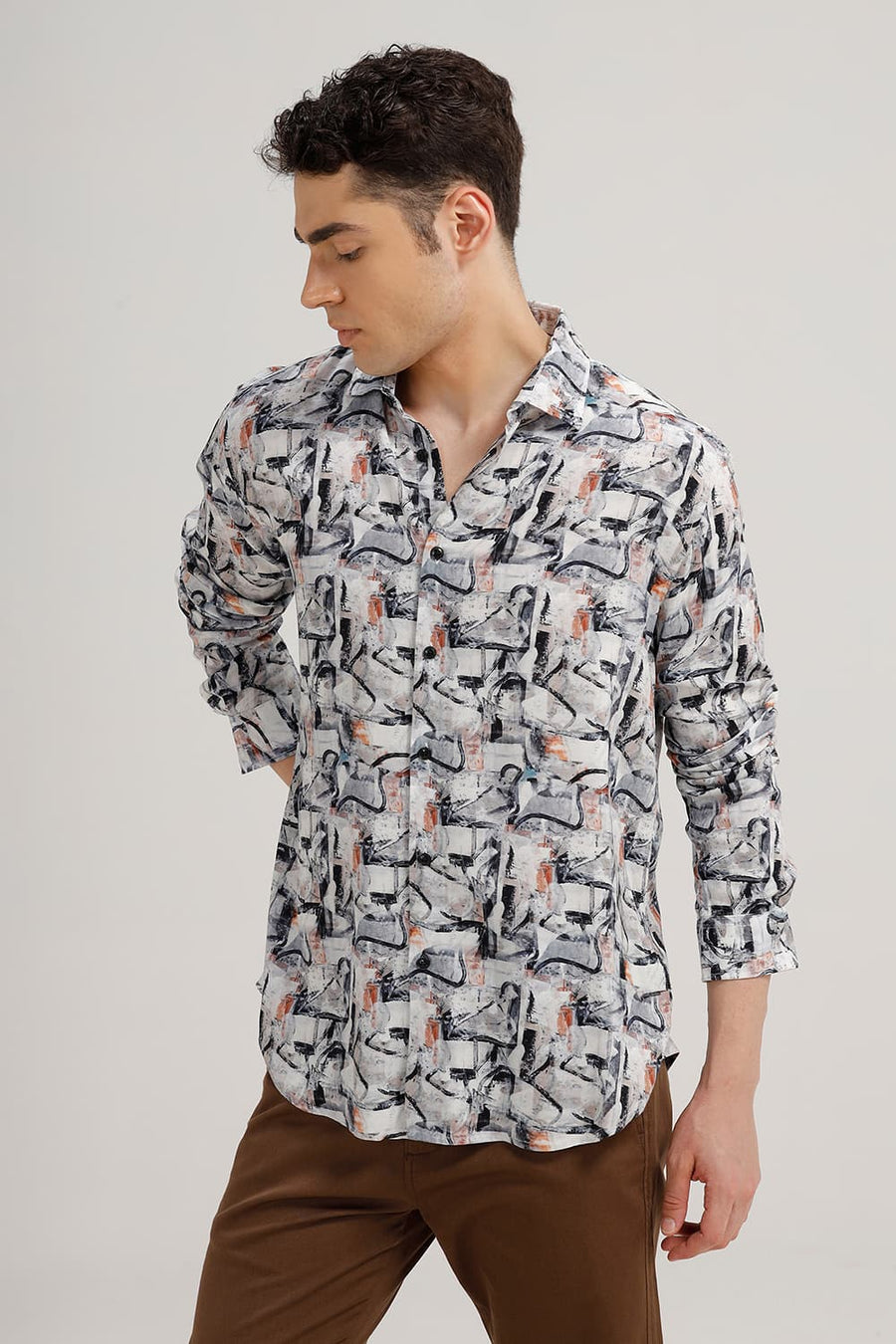 BASICS SLIM FIT GREY MIST VISCOSE DIGITAL PRINTED SHIRT