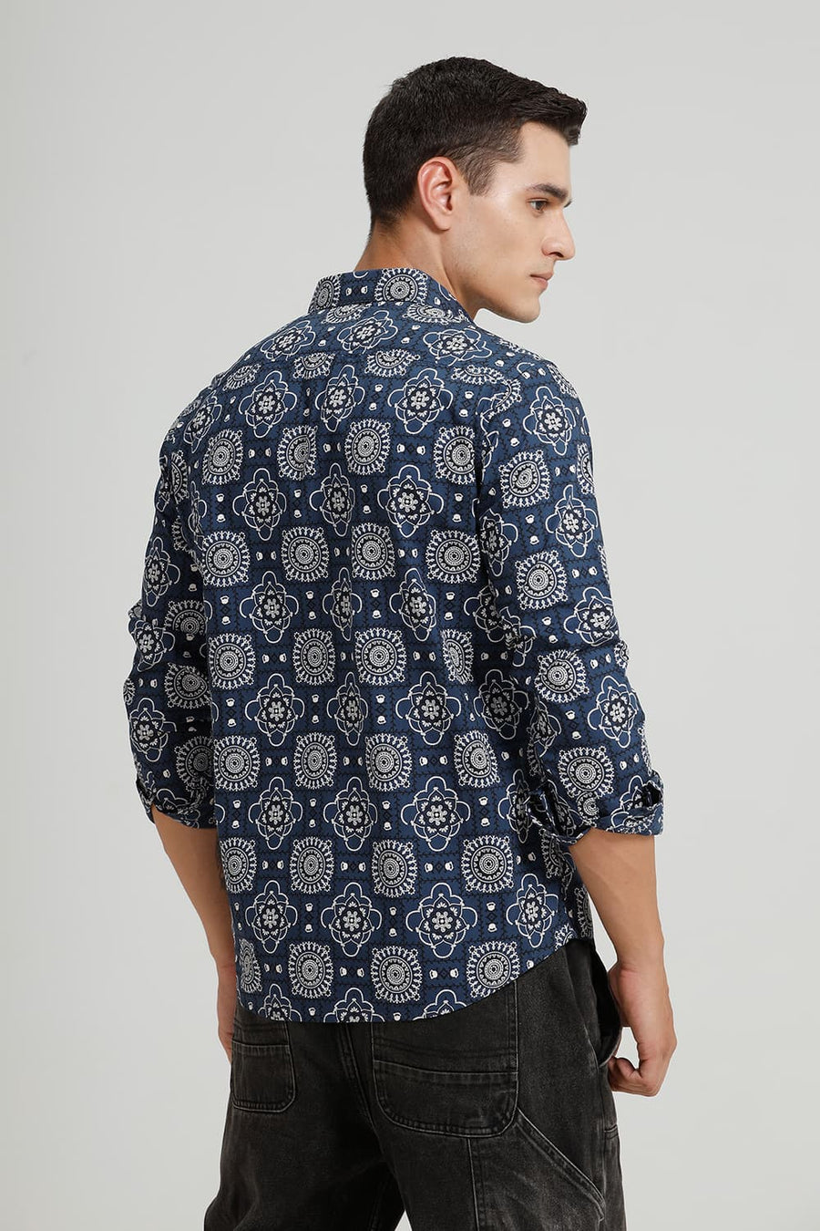 BASICS SLIM FIT MAJOLICA NAVY COTTON POPLIN PRINTED SHIRT