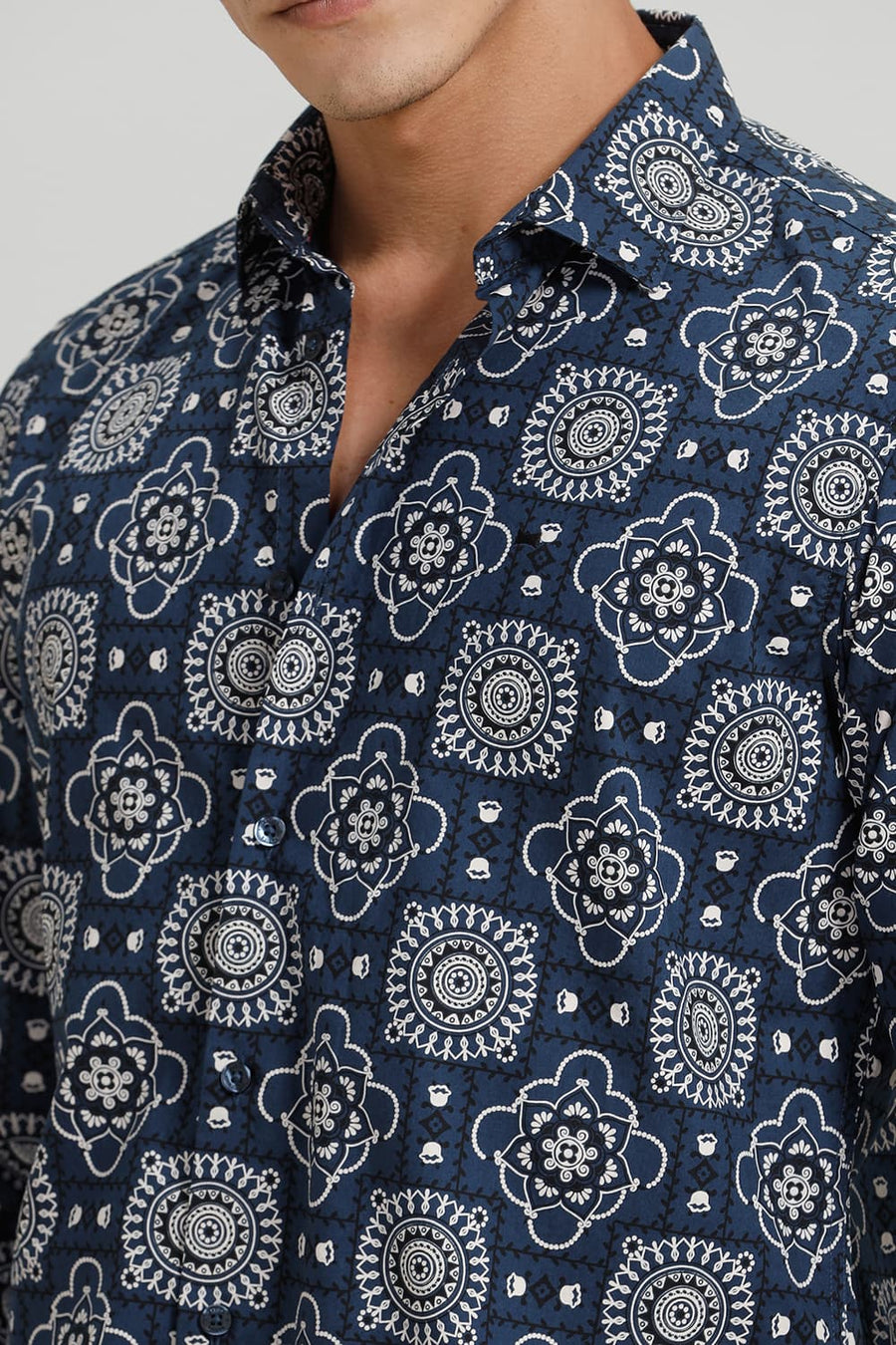 BASICS SLIM FIT MAJOLICA NAVY COTTON POPLIN PRINTED SHIRT
