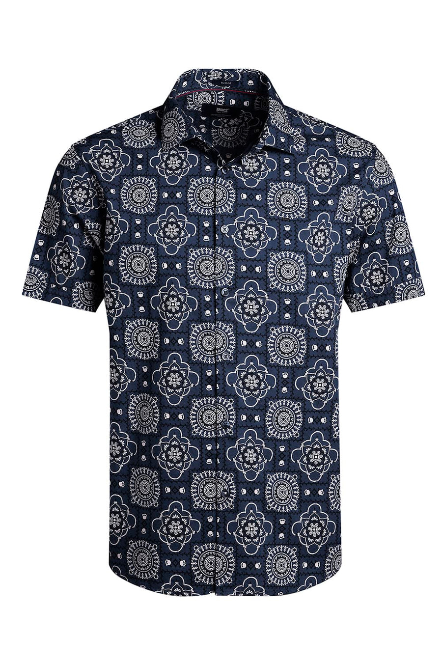 BASICS SLIM FIT MAJOLICA NAVY COTTON POPLIN PRINTED HALFSLEEVES SHIRT