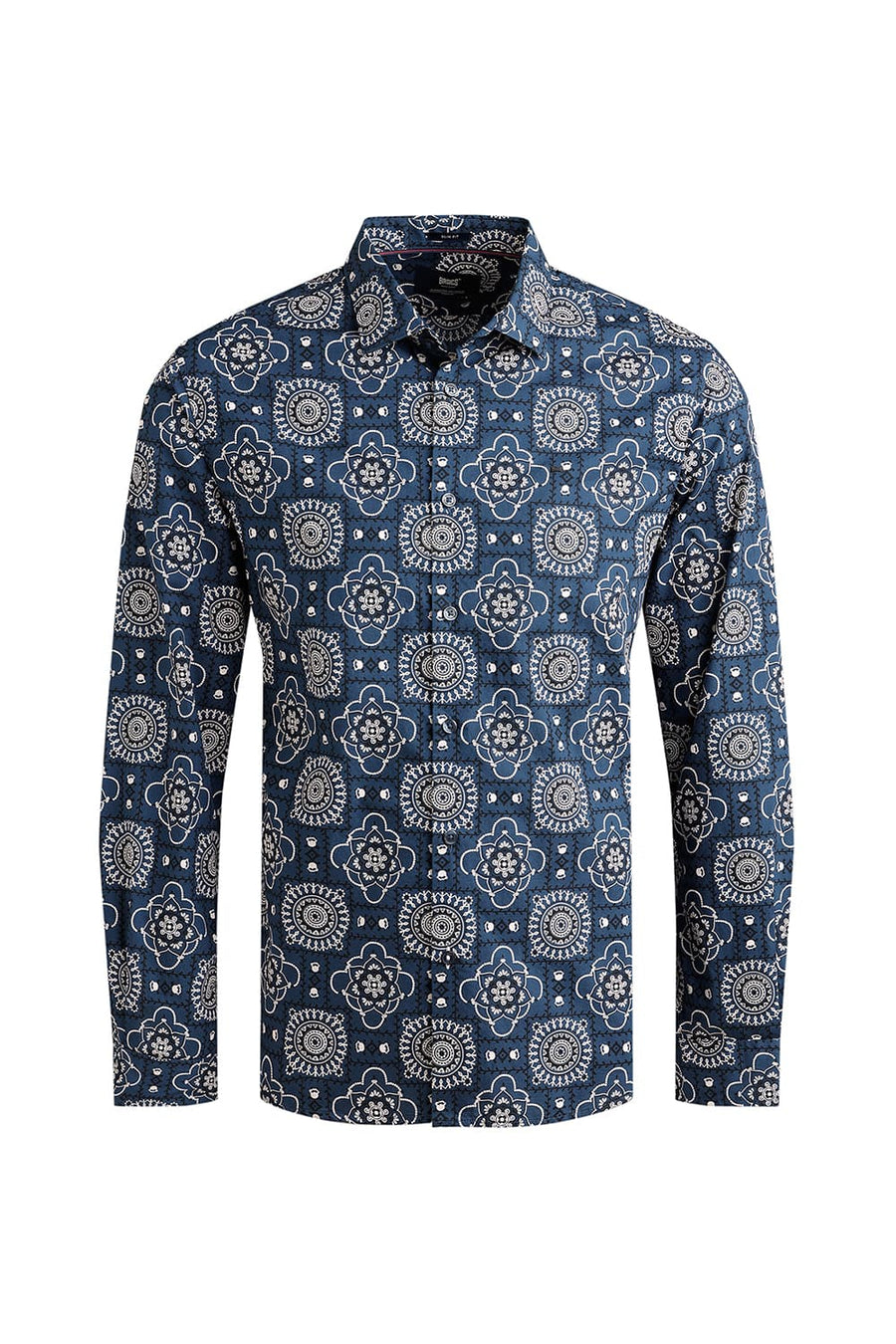 BASICS SLIM FIT MAJOLICA NAVY COTTON POPLIN PRINTED SHIRT