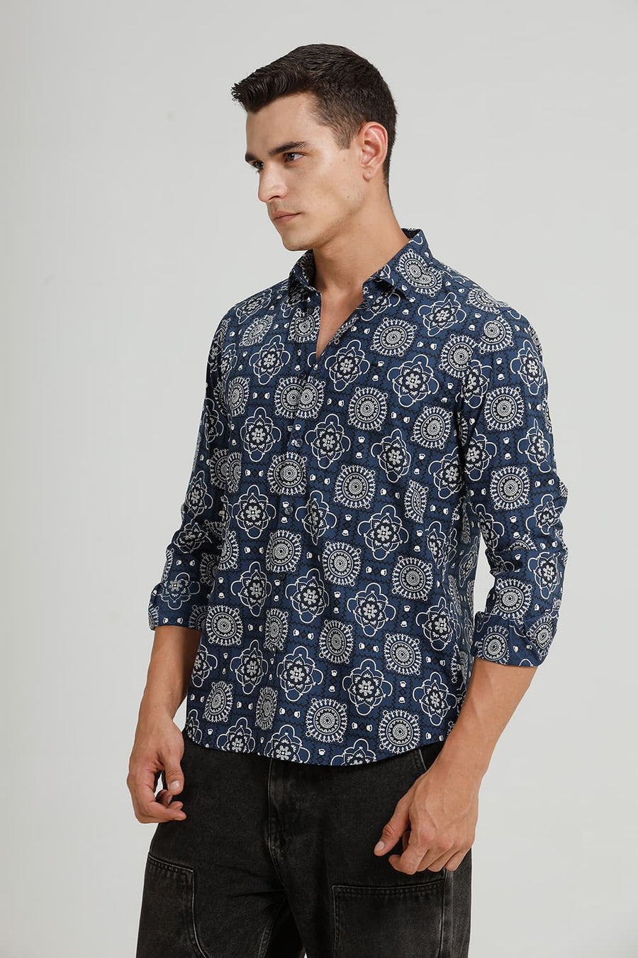 BASICS SLIM FIT MAJOLICA NAVY COTTON POPLIN PRINTED SHIRT
