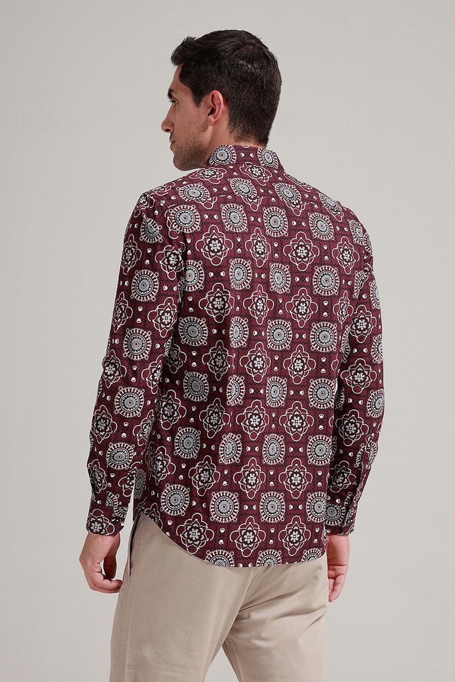 BASICS SLIM FIT MAROON WINE COTTON POPLIN PRINTED SHIRT