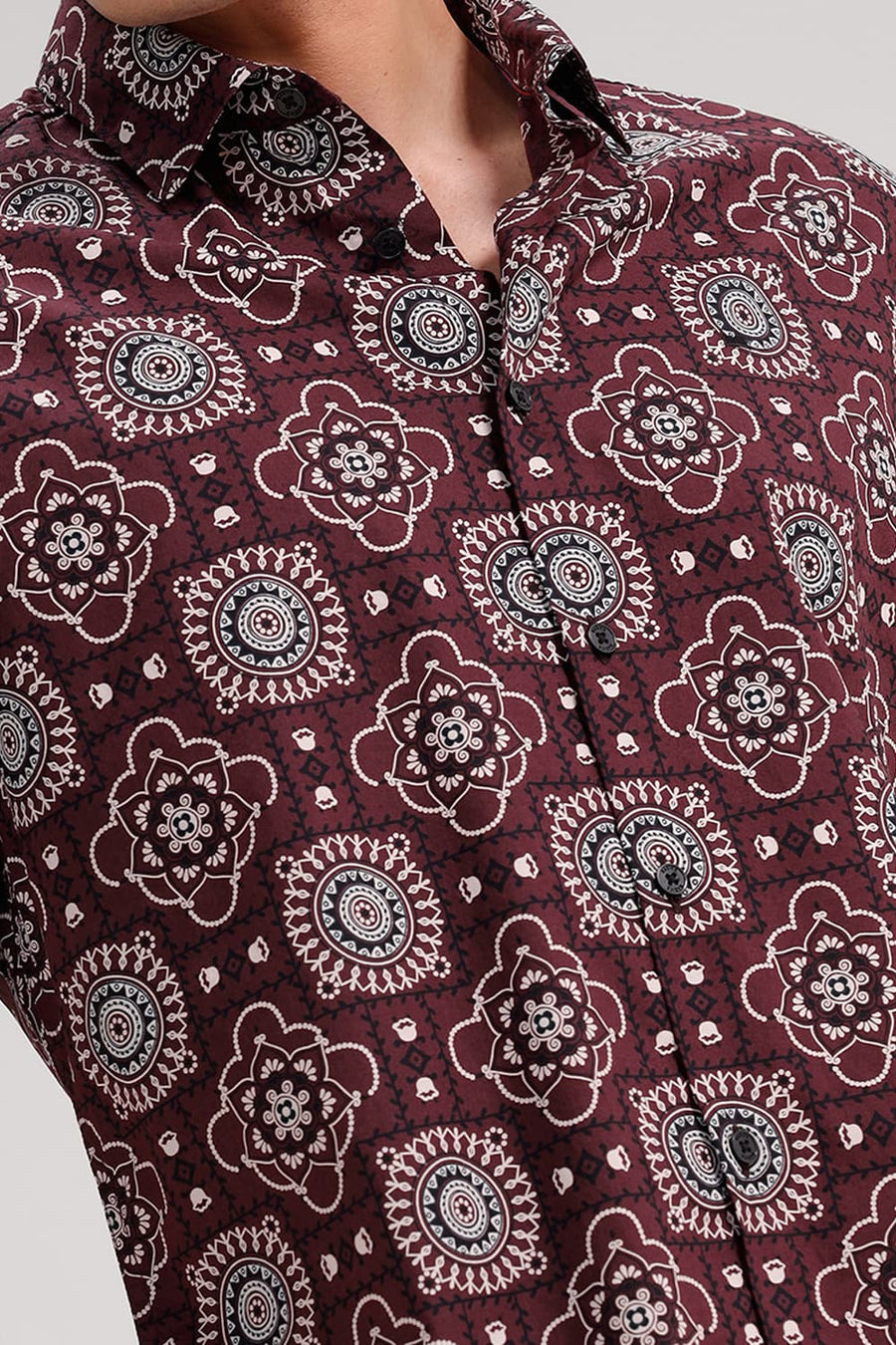 BASICS SLIM FIT MAROON WINE COTTON POPLIN PRINTED HALFSLEEVES SHIRT
