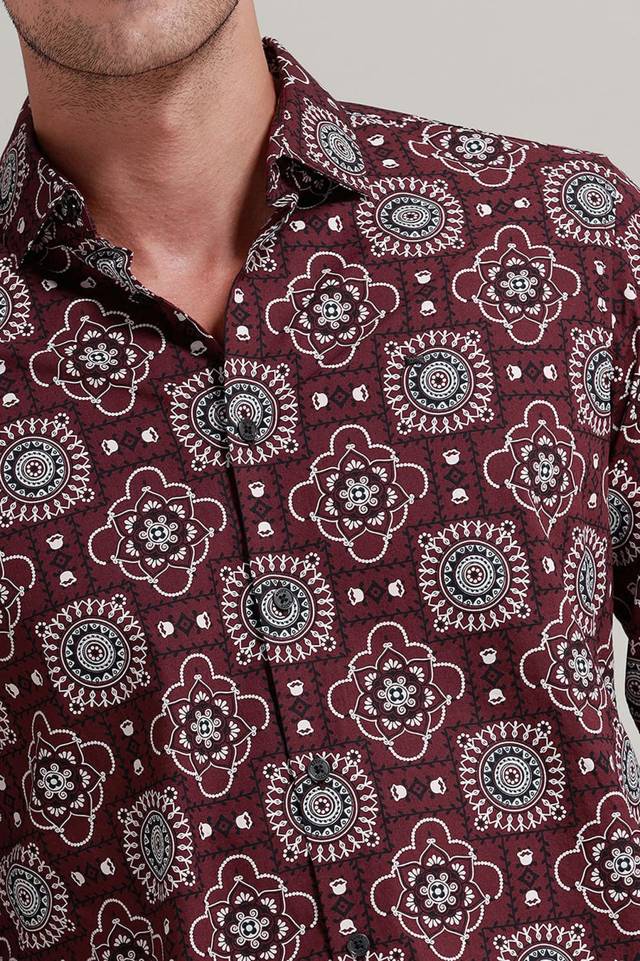 BASICS SLIM FIT MAROON WINE COTTON POPLIN PRINTED SHIRT