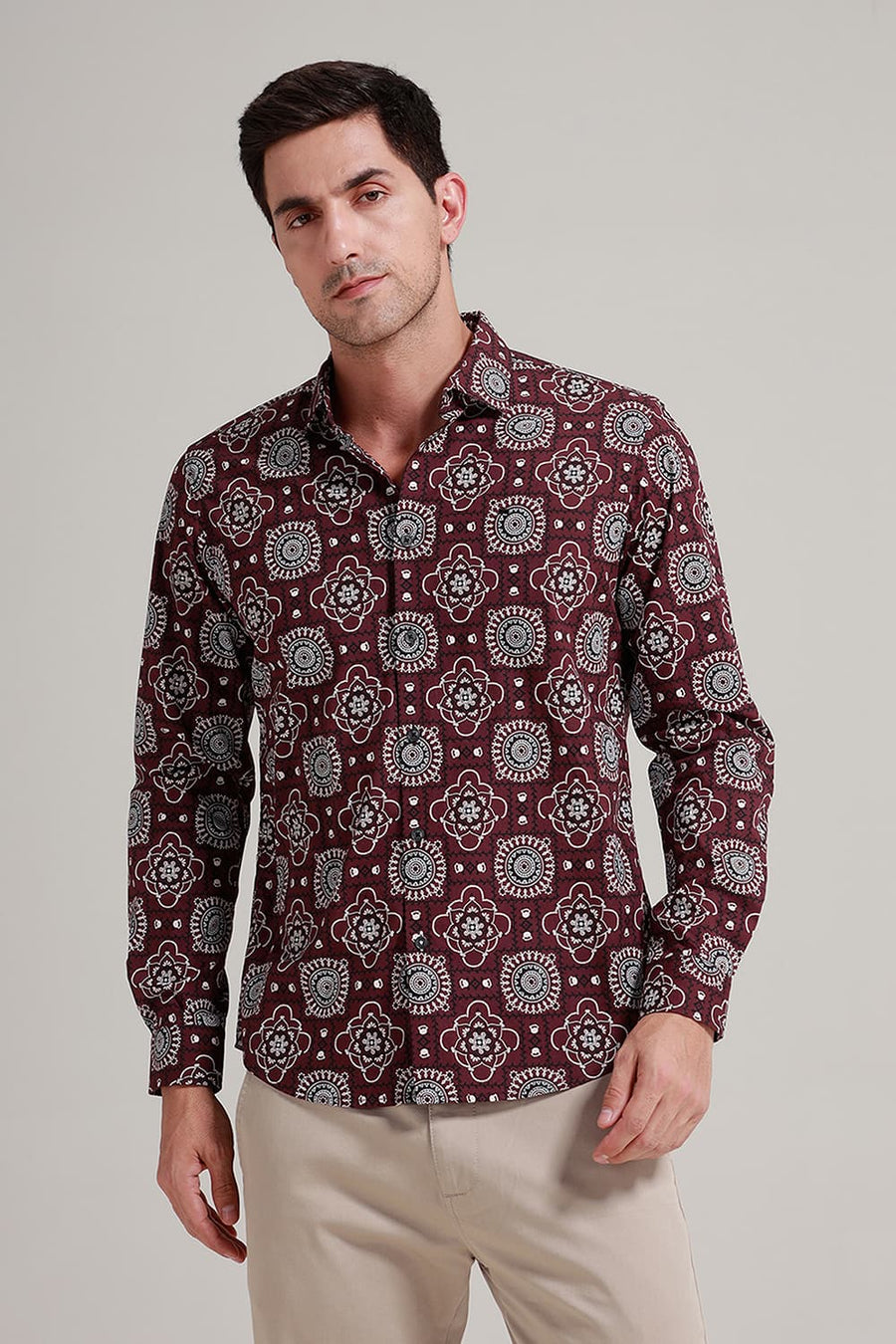 BASICS SLIM FIT MAROON WINE COTTON POPLIN PRINTED SHIRT
