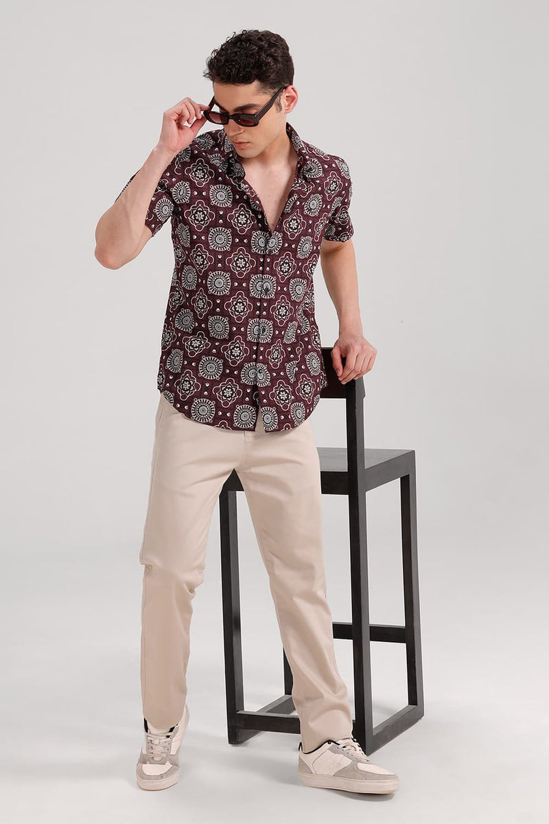 SLIM FIT COTTON POPLIN PRINTED HALFSLEEVES SHIRT