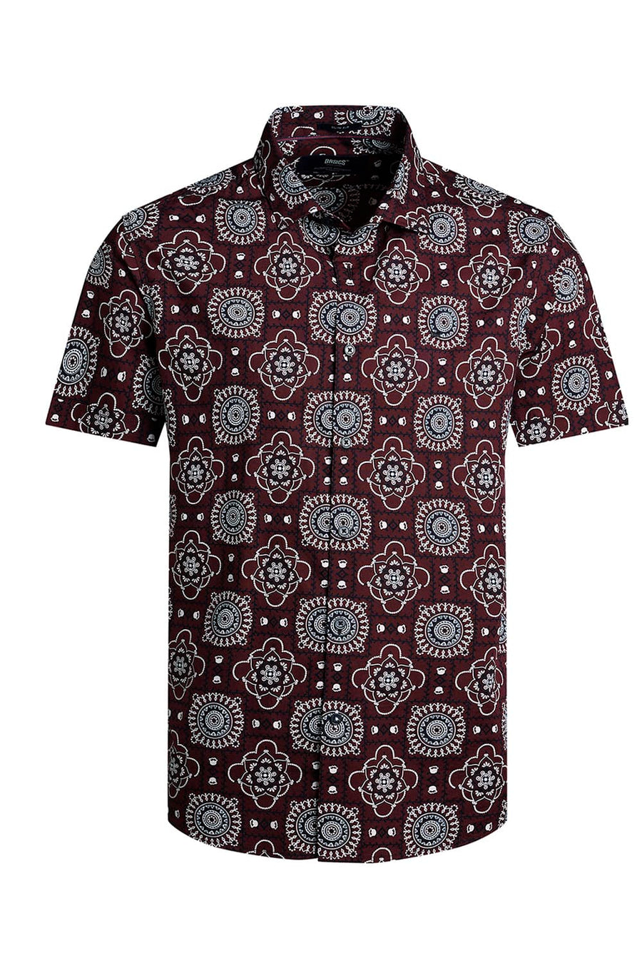 BASICS SLIM FIT MAROON WINE COTTON POPLIN PRINTED HALFSLEEVES SHIRT