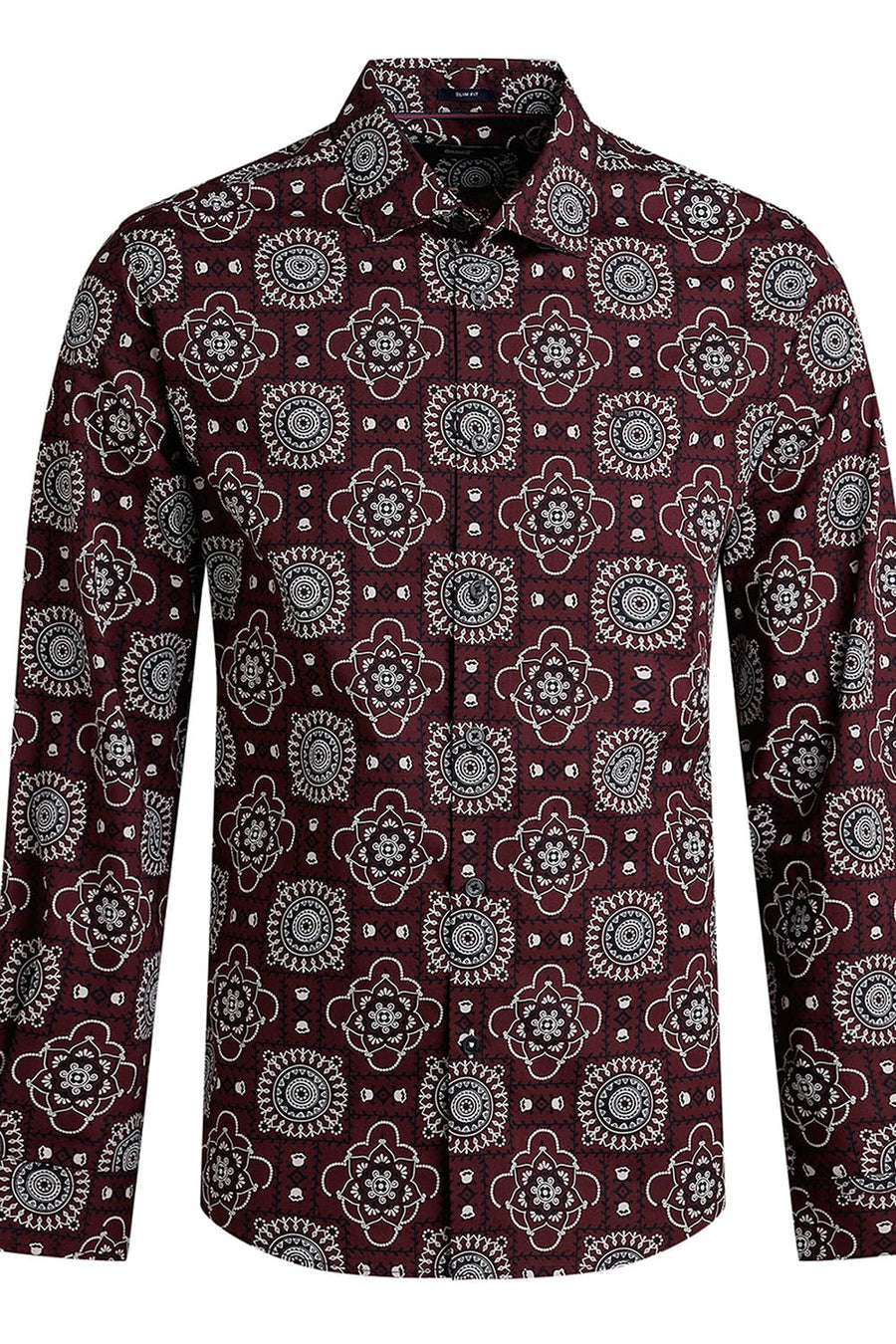 BASICS SLIM FIT MAROON WINE COTTON POPLIN PRINTED SHIRT