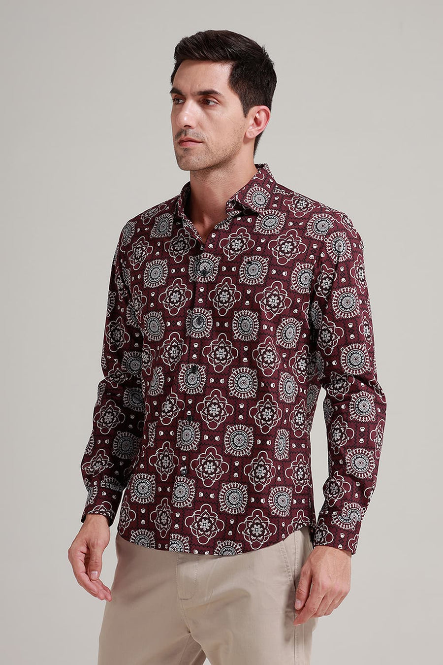 BASICS SLIM FIT MAROON WINE COTTON POPLIN PRINTED SHIRT