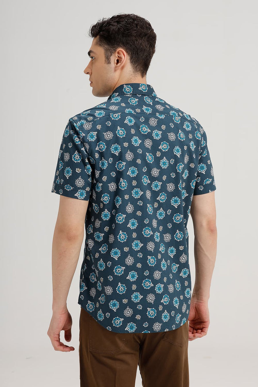 BASICS SLIM FIT ATLANTIC TURQUOISE COTTON POPLIN PRINTED HALFSLEEVES SHIRT