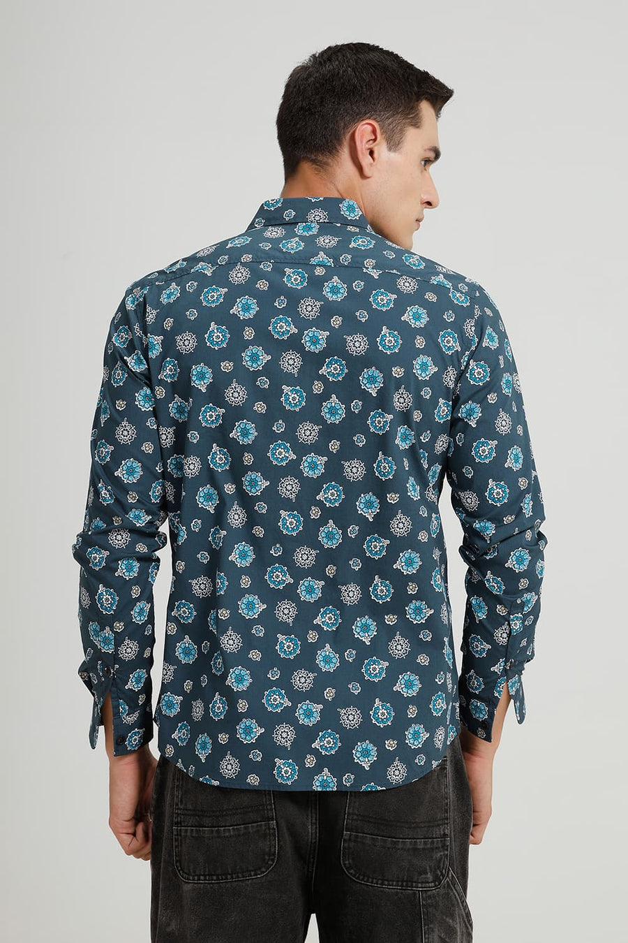 BASICS SLIM FIT ATLANTIC TURQUOISE COTTON POPLIN PRINTED SHIRT