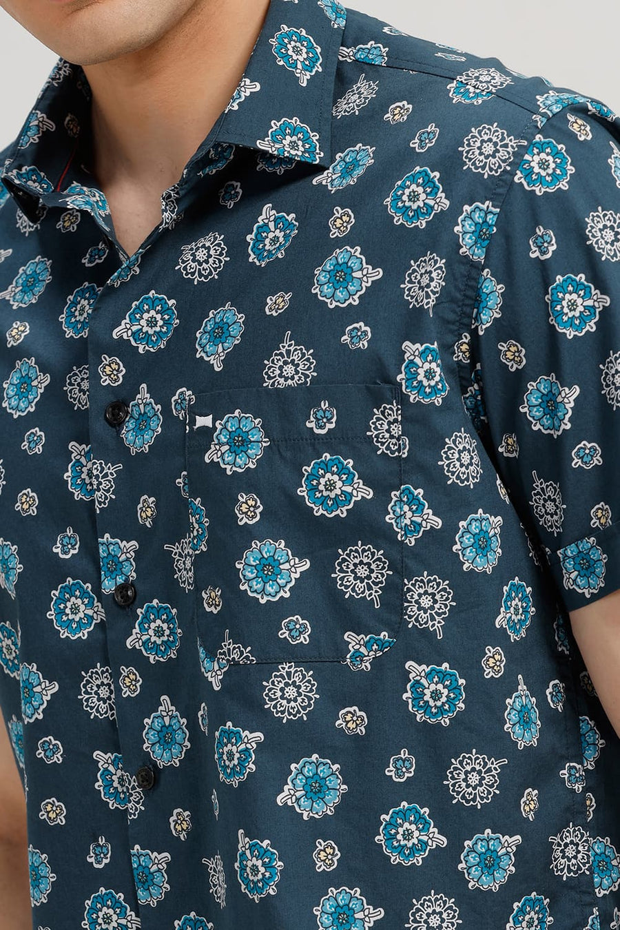 BASICS SLIM FIT ATLANTIC TURQUOISE COTTON POPLIN PRINTED HALFSLEEVES SHIRT