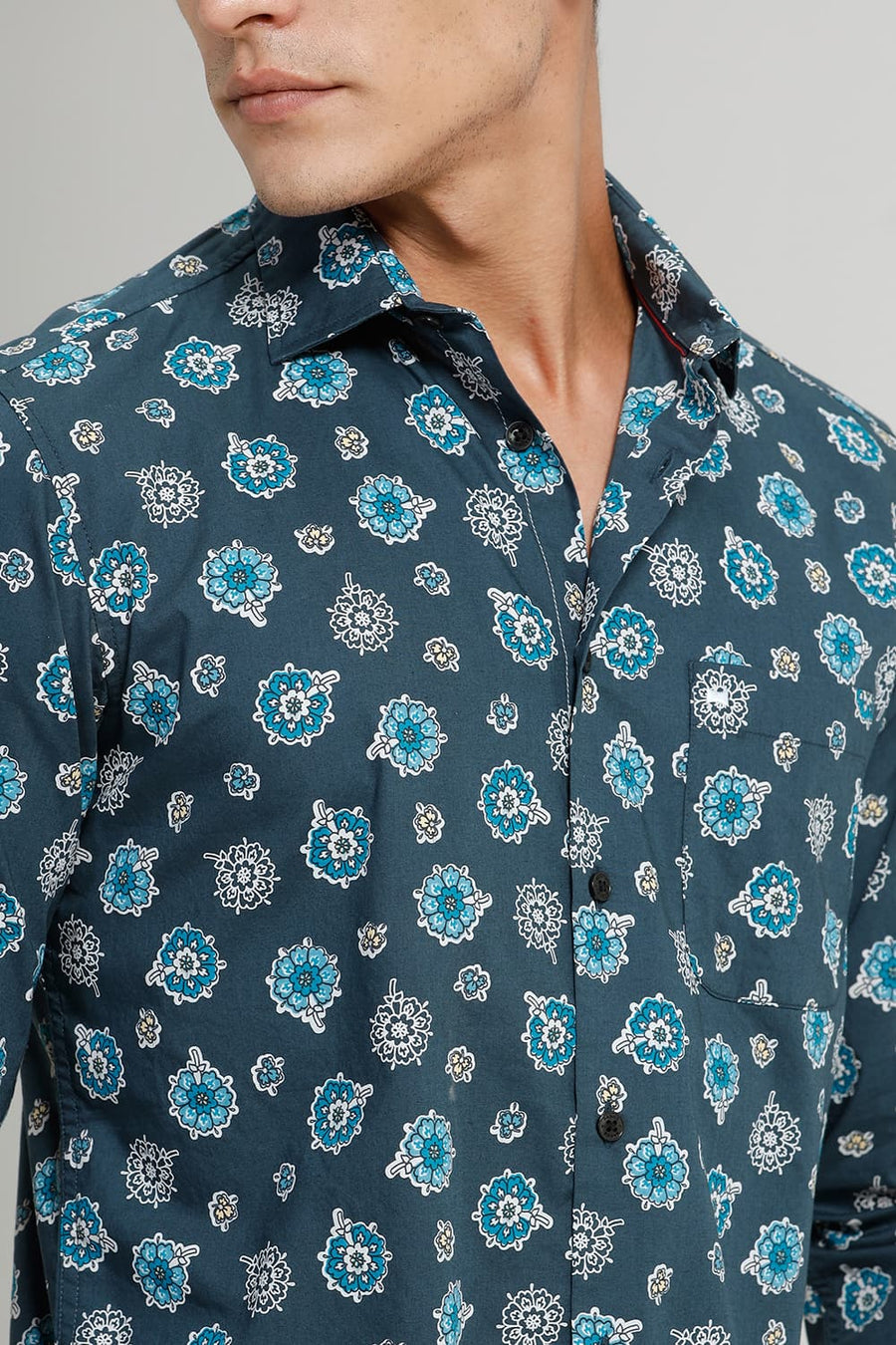 BASICS SLIM FIT ATLANTIC TURQUOISE COTTON POPLIN PRINTED SHIRT