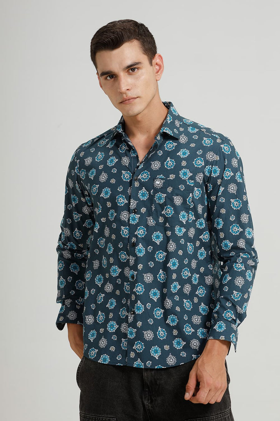 BASICS SLIM FIT ATLANTIC TURQUOISE COTTON POPLIN PRINTED SHIRT