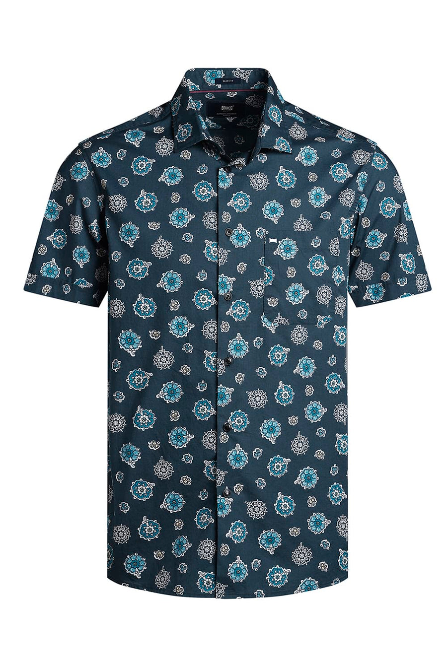 BASICS SLIM FIT ATLANTIC TURQUOISE COTTON POPLIN PRINTED HALFSLEEVES SHIRT