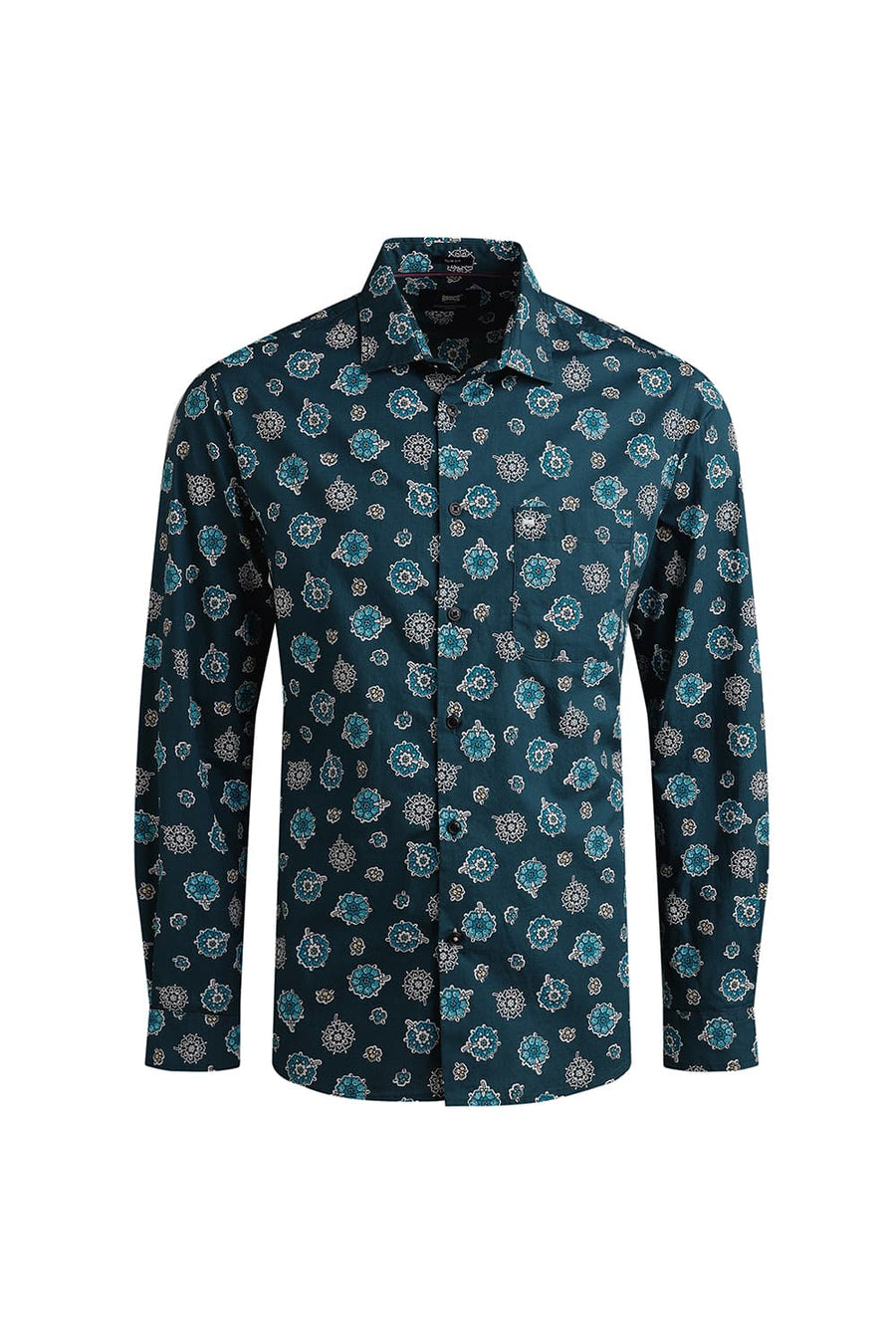 BASICS SLIM FIT ATLANTIC TURQUOISE COTTON POPLIN PRINTED SHIRT