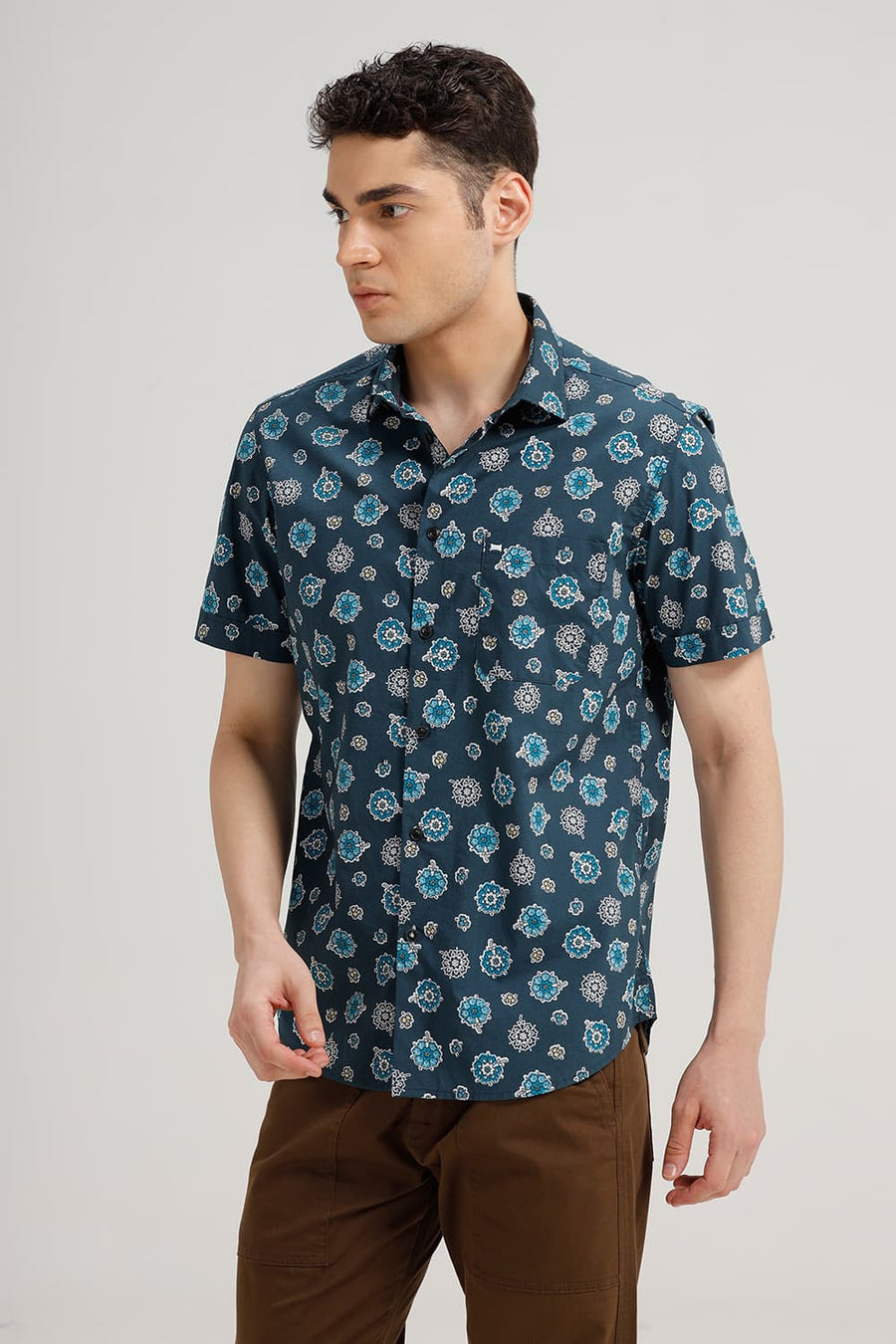 BASICS SLIM FIT ATLANTIC TURQUOISE COTTON POPLIN PRINTED HALFSLEEVES SHIRT