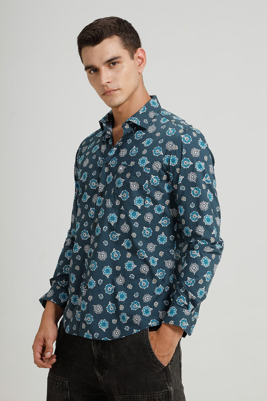 BASICS SLIM FIT ATLANTIC TURQUOISE COTTON POPLIN PRINTED SHIRT