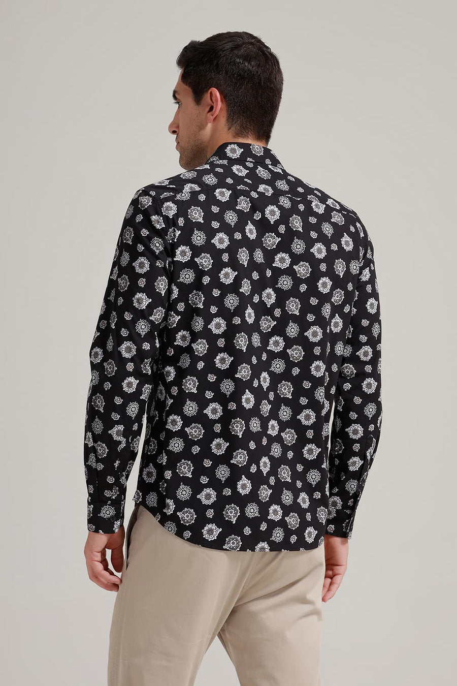 BASICS SLIM FIT GREY IRON COTTON POPLIN PRINTED SHIRT
