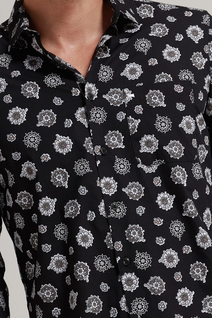 BASICS SLIM FIT GREY IRON COTTON POPLIN PRINTED SHIRT