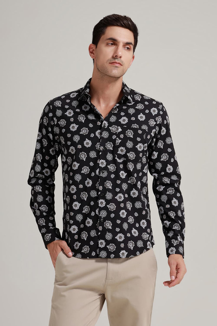 BASICS SLIM FIT GREY IRON COTTON POPLIN PRINTED SHIRT