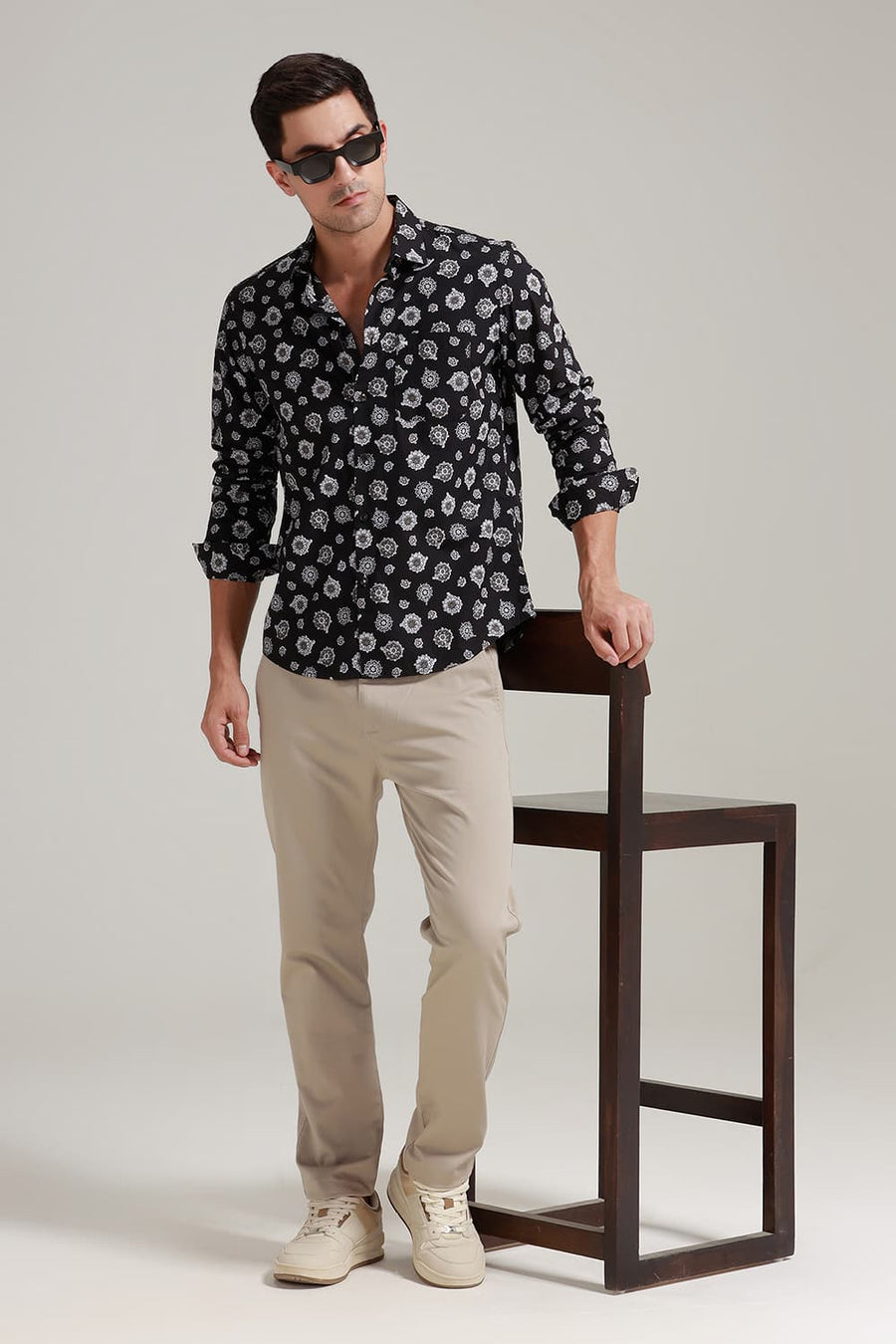 BASICS SLIM FIT GREY IRON COTTON POPLIN PRINTED SHIRT