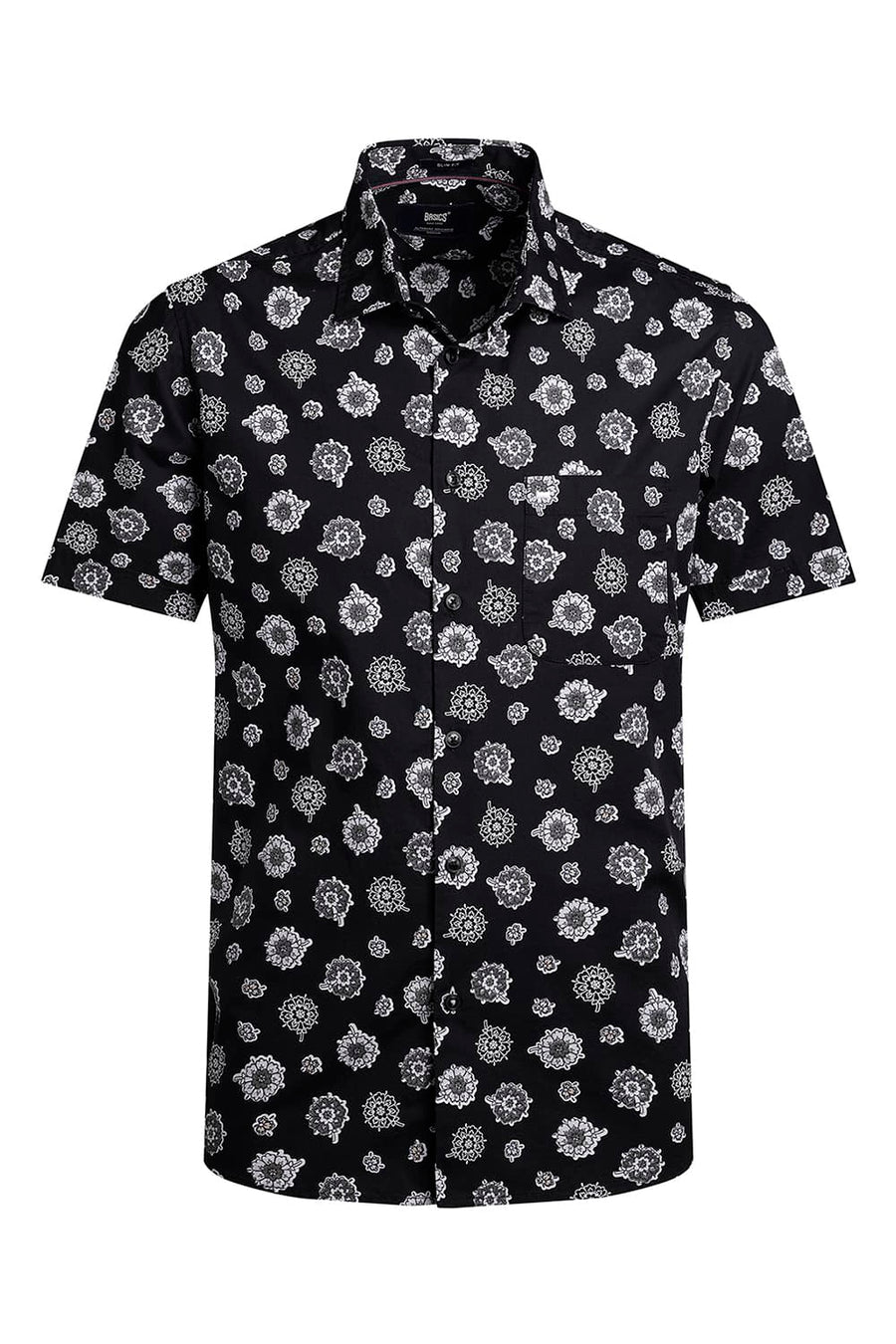 BASICS SLIM FIT GREY IRON COTTON POPLIN PRINTED HALFSLEEVES SHIRT