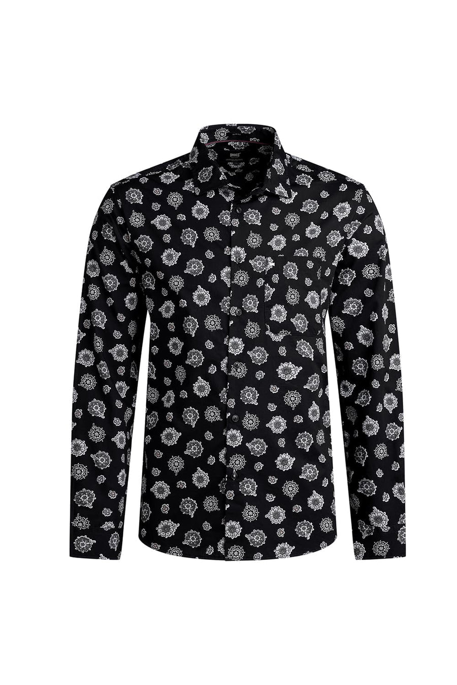 BASICS SLIM FIT GREY IRON COTTON POPLIN PRINTED SHIRT