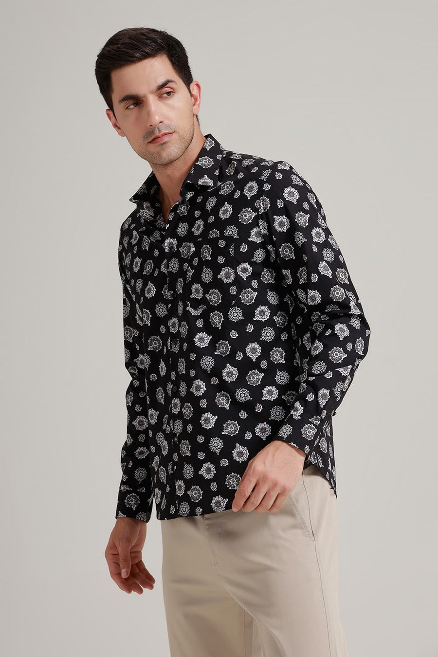 BASICS SLIM FIT GREY IRON COTTON POPLIN PRINTED SHIRT