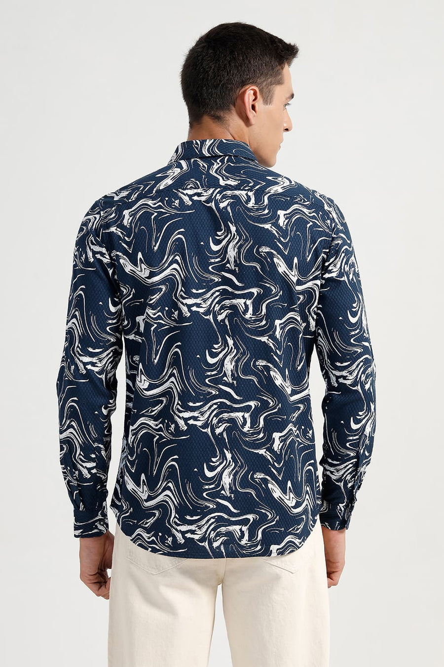 BASICS SLIM FIT MOONLIT NAVY COTTON CREPE PRINTED SHIRT