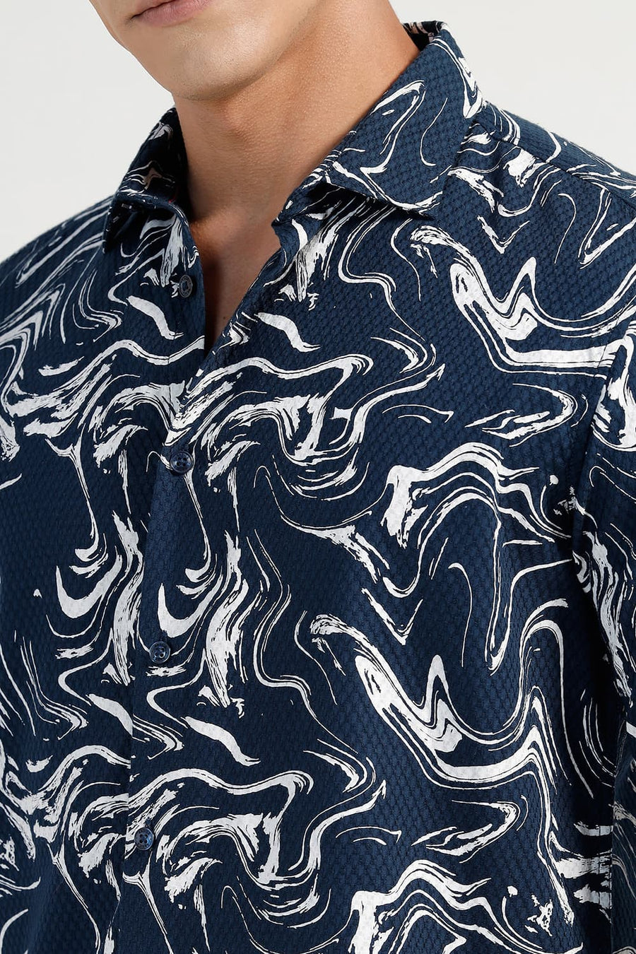 BASICS SLIM FIT MOONLIT NAVY COTTON CREPE PRINTED SHIRT