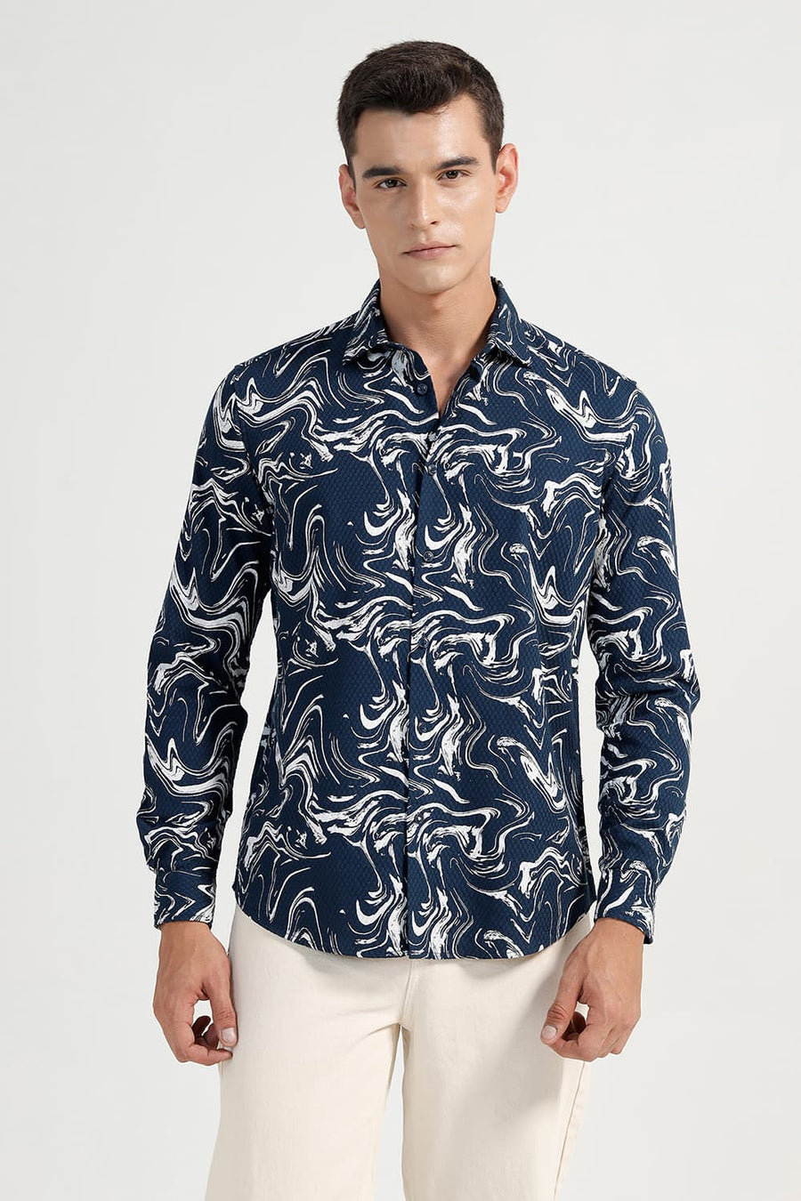 BASICS SLIM FIT MOONLIT NAVY COTTON CREPE PRINTED SHIRT