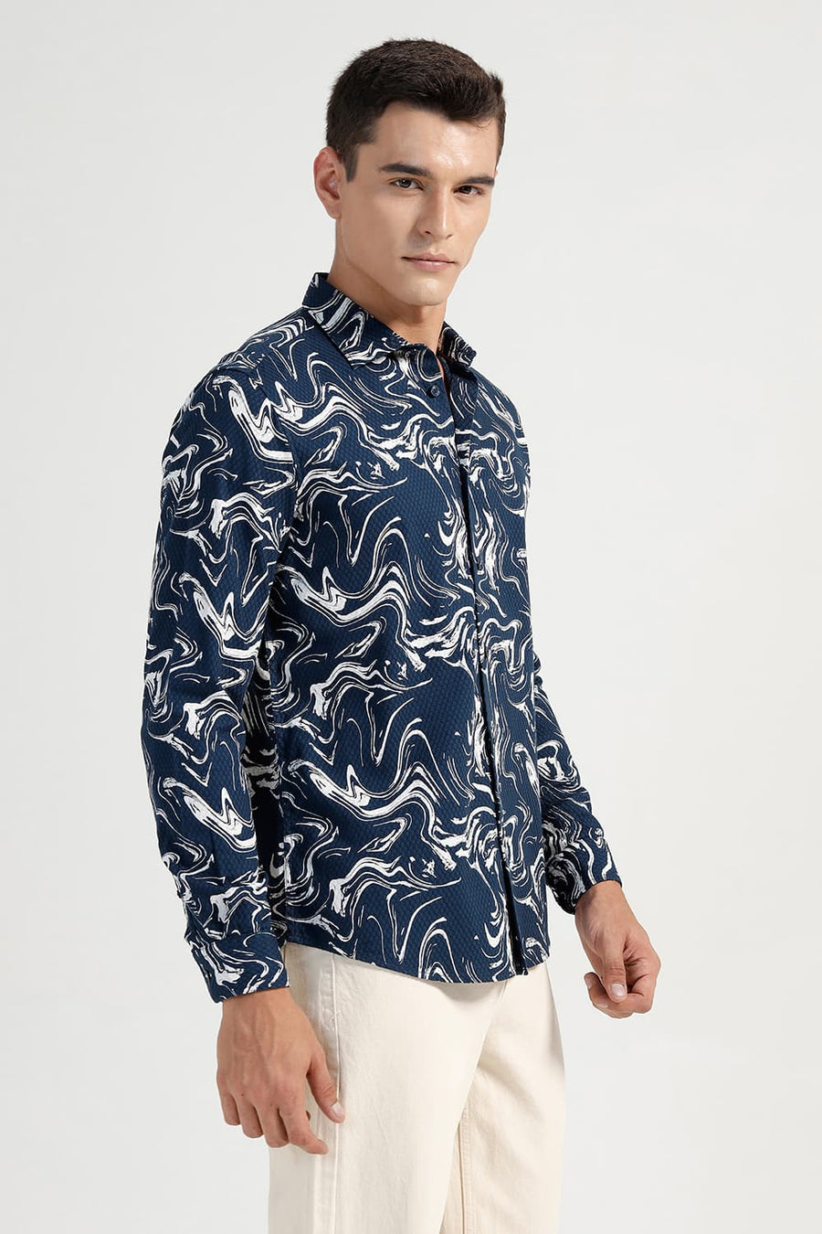 BASICS SLIM FIT MOONLIT NAVY COTTON CREPE PRINTED SHIRT